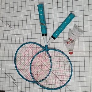 2‎ badminton rackets racquet turquoise blue metal wooden handle w/3 shuttlecocks